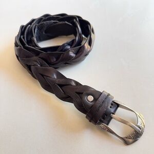 Vintage 90s Genuine Braided Leather Engraved Buckle Belt Large